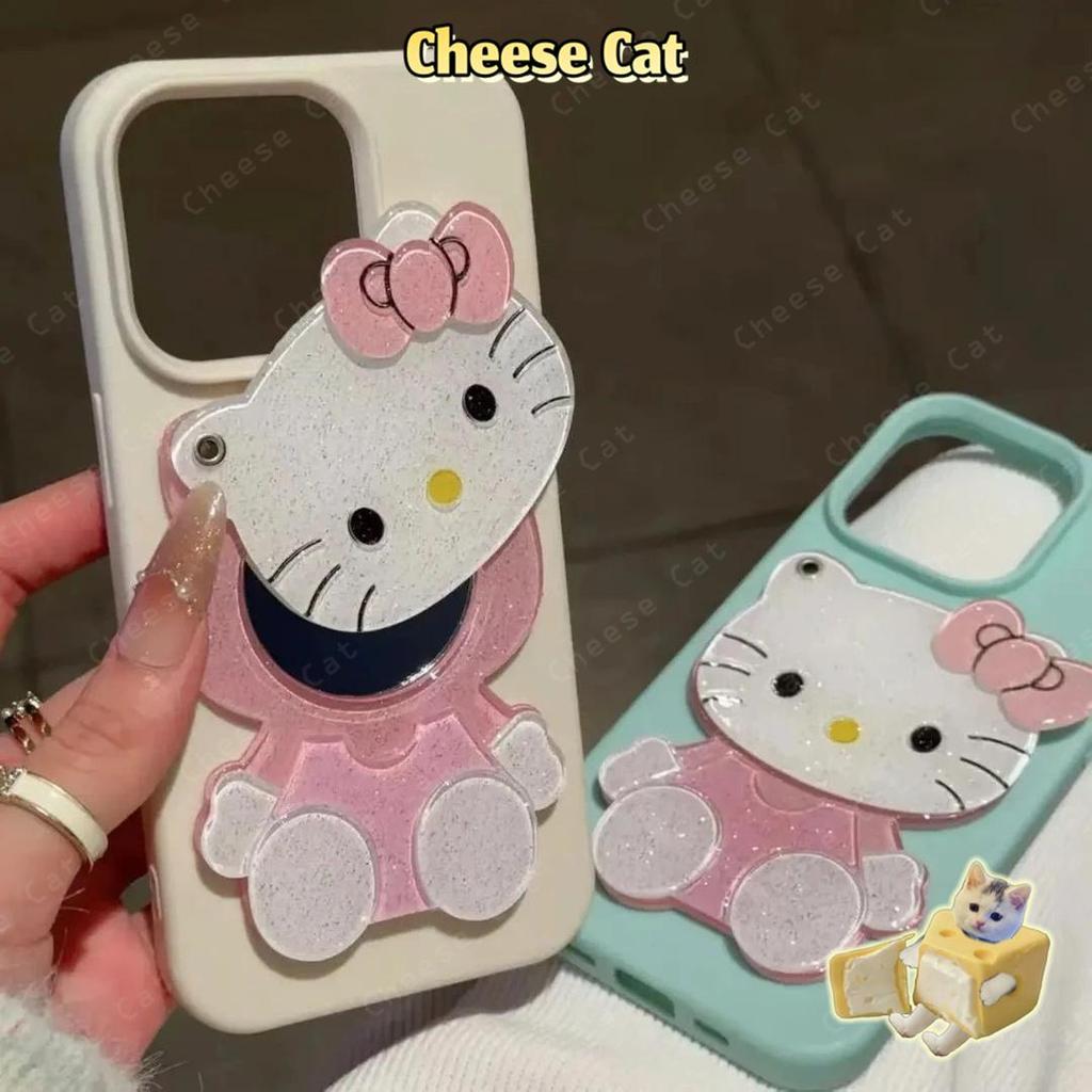 Gương trang điểm trượt Kitty + Ốp điện thoại phủ đá cuội cho iPhone 11 12 13 14 15 16 17 Pro Max 7 Plus Xs Max XR