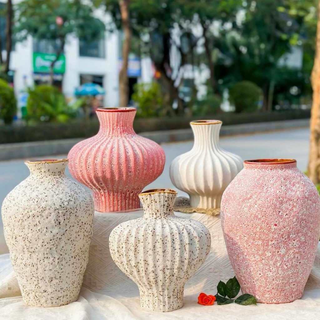 Bình hoa gốm sứ, bình gốm cắm hoa lọ hoa Bát Tràng dáng lồng đèn, đồ decor trang trí quán caphe stdio