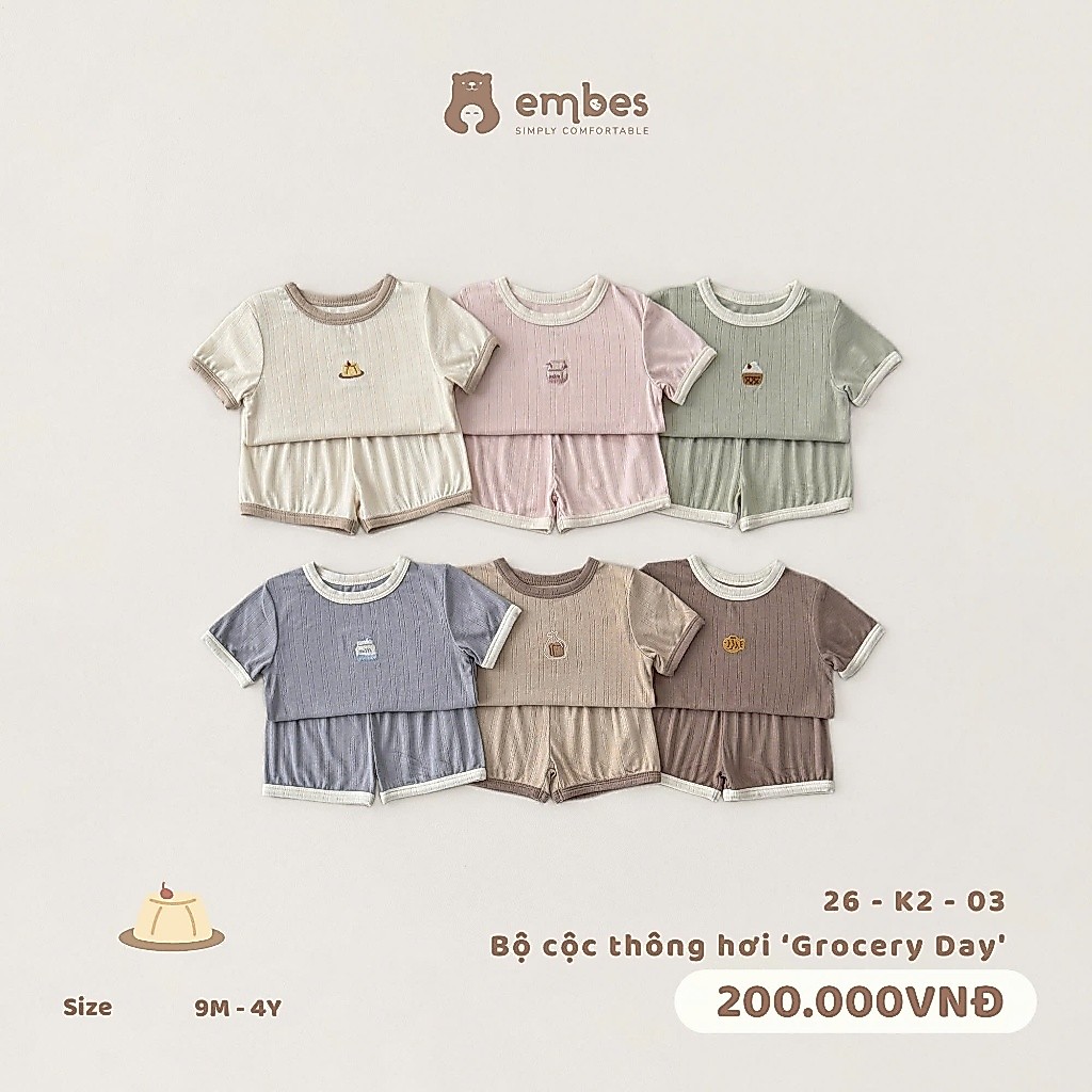 Bộ Cộc Thông Hơi Embes, Bộ Cộc Tay Thêu Hình Chất Thông Hơi Thoáng Mát Cho Bé Trai Bé Gái  Từ 8-17Kg