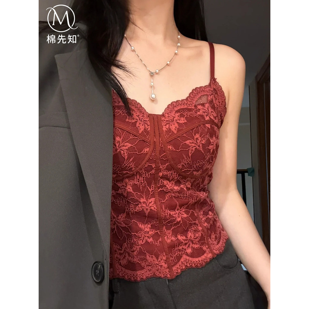 Áo Vest ren kiểu Pháp | Đi kèm với miếng đệm ngực Áo ngực dễ thương Áo ngực đẹp lưng Sling Ngắn mỏng hơn Nhìn mỏng hơn Cốc cố định Chống chói Tinh khiết Desire Phong cách Mặc hẹn hò Hàn Quốc Bên ngoài bên trong Hai