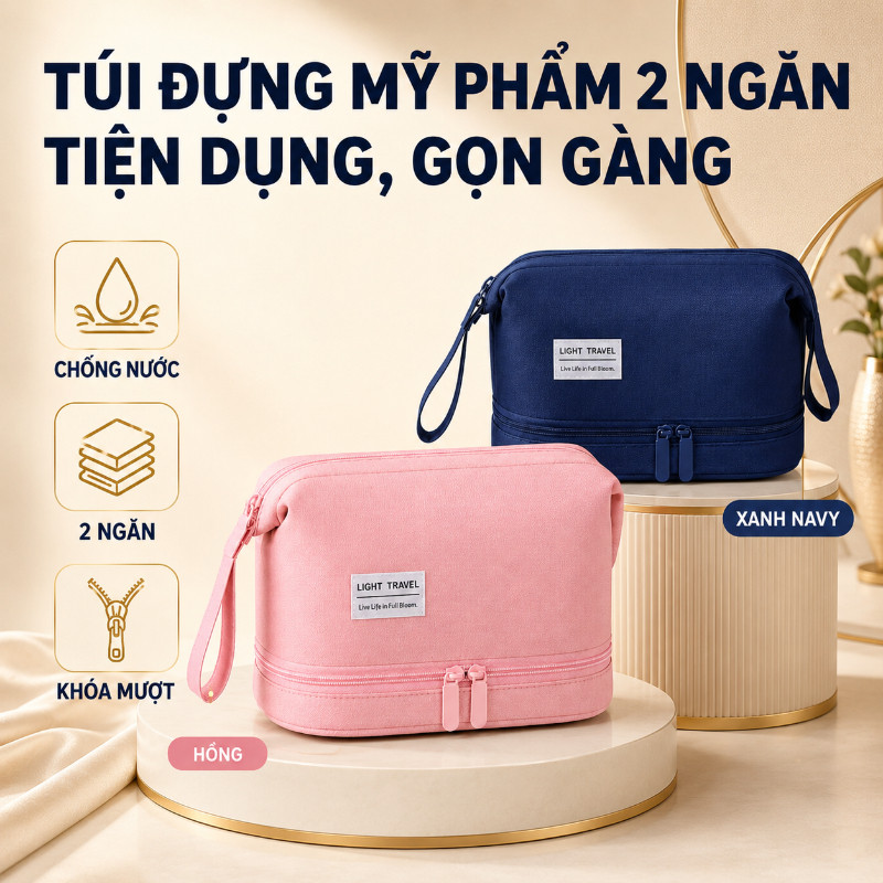 Túi đựng Mỹ Phẩm 2 Ngăn Tiện Dụng,Gọn Gàng,Chống Nước,Lưu trữ lớn,Đựng cọ trang điểmPhong Cách Du Lịch