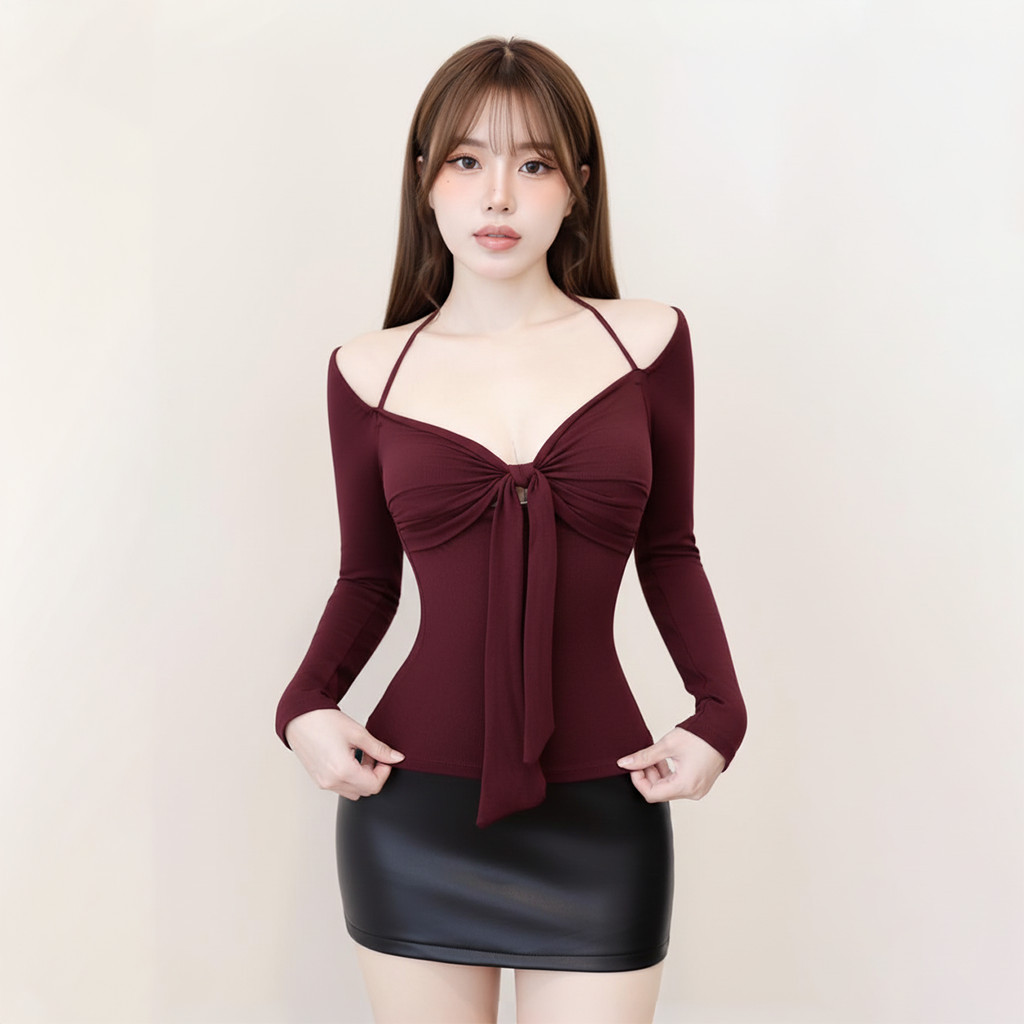 Áo Thun Nữ Trễ Vai Tay Dài Kiểu Xoắn Ngực  Phối Dây Choàng Cổ A51560