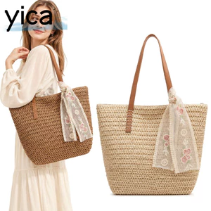 Túi đi biển YICA, có ruy băng ren Túi đeo vai dệt dung tích lớn, thời trang màu trơn rỗng Túi Tote thủ công mua sắm du lịch