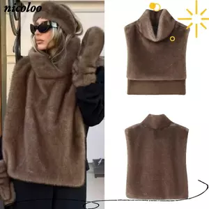 NICOLOO Áo tăng cổ cao, Áo Vest lông giả cổ cao lông tơ, Áo khoác ngoài hợp thời trang dày lớp mảnh Eco Mink Fur Thời trang hàng đầu Trang phục nữ