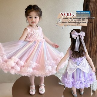 Đầm Công Chúa Cầu Vồng Cho Bé Gái Phối Lưới Bồng Bềnh - Váy Dự Tiệc Biểu Diễn Sang Trọng