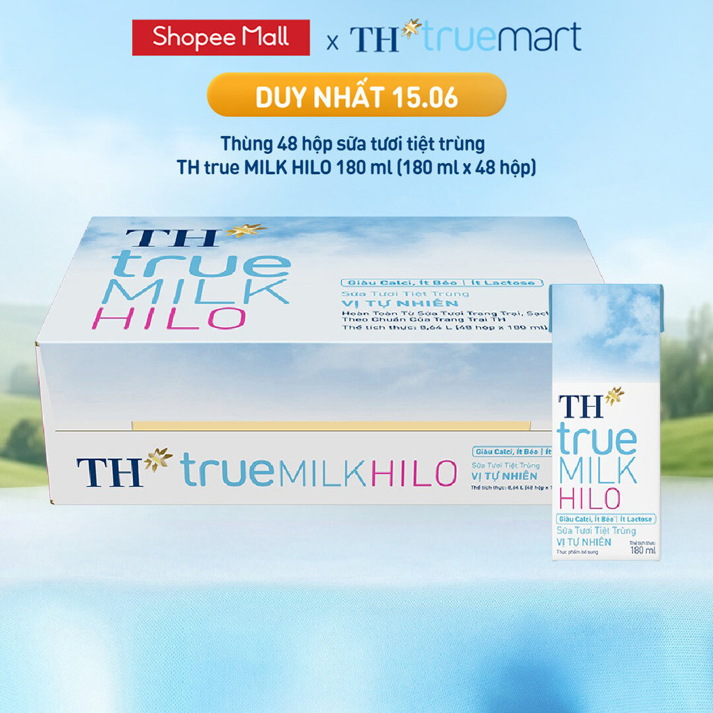 Thùng 48 hộp sữa tươi tiệt trùng TH true MILK HILO vị tự nhiên 180 ml (180 ml x 48)