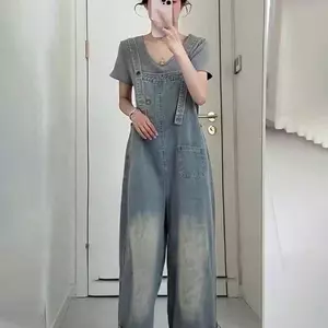 Quần yếm Denim dáng rộng thông thường ngọt ngào phong cách Hàn Quốc