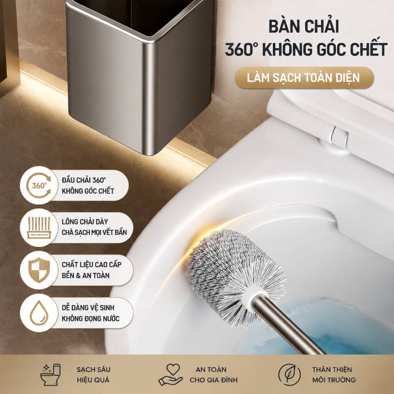 Chổi cọ bồn cầu gắn tường hút chân không chất liệu nhôm làm sạch toilet nhà tắm mọi ngóc ngách