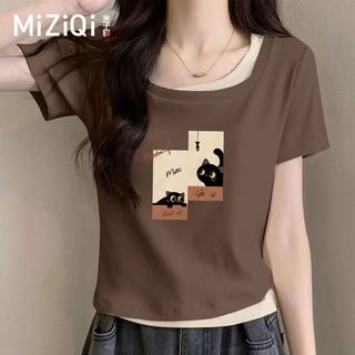 [MIZIQI] Áo thun ngắn tay hai mảnh giả mơ ước dành cho nữ, Áo thun ngắn in hình mèo con mùa hè