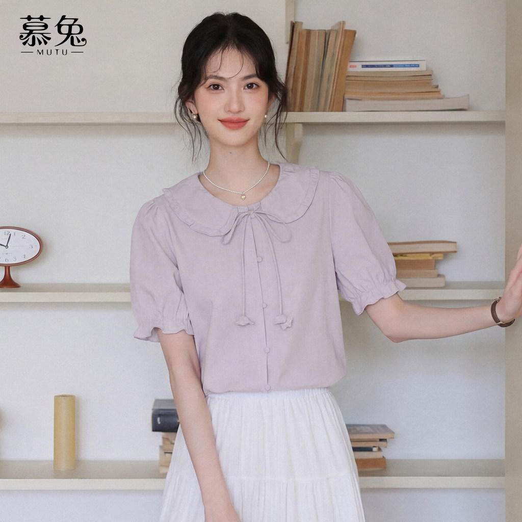 Mutu Ngọt Ngào Búp Bê Cổ Nơ Phối Ren Áo Sơ Mi Tay Ngắn Nữ Mùa Hè 2026 Phong Cách Mới Thiết Kế Niche Top