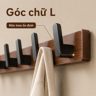Thanh móc treo tường gỗ óc chó móc nhôm chữ L không khoan chống ẩm chịu lực treo đồ tiện dụng