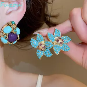 FUJIOU Bông Tai Hình Không Đều, Bông Tai Hoa Pha Lê Hợp Kim, Tính Khí Trang Sức Con Công Xanh Thanh Lịch Vintage Thời Trung Cổ Nhựa Bông Tai Tiệc