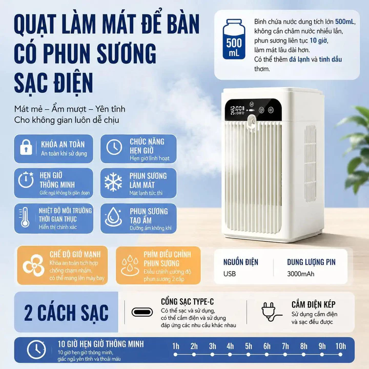 Quạt điều hòa mini phun sương quạt làm mát quạt để bàn quạt điều hòa không khí quạt tích điện quạt mini quạt ngủ yên tĩn