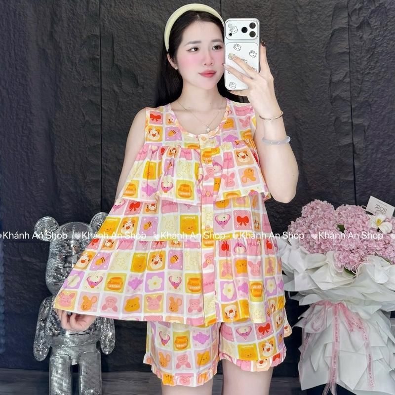 SA.Le KA124- Đồ Bộ Tole Lanh Nữ  Mặc Nhà Áo Sát Cánh Tầng Quần Đùi Size 40-80kg Hoạ Tiết Hoa Hình D5