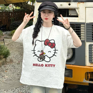 （Giao hàng 24h）Angela Bộ sưu tập áo thun cộc tay HELLO KIT.TYY chất 2 da form boxy màu xám trắng nam nữ unisex form rộng