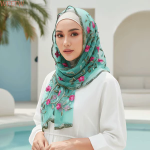 WEETW Boho Sheer Khăn choàng, Khăn choàng thêu hoa phong cách dân tộc mờ, Lưới đánh cắp thoáng khí Thân thiện với da Mùa hè đầy màu sắc Hijab Trang phục hàng ngày