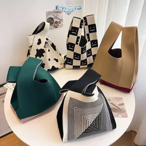 E-WOITD 1 Chiếc Thời Trang Handmade Sợi Sọc Dệt Kim Túi Xách Nữ Thắt Lưng Túi Đeo Tay Hàn Quốc Túi Tote Thường Ngày Có Thể Tái Sử Dụng Túi Mua Sắm E-WOITD