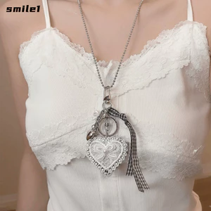 Vòng cổ gương hình trái tim SMILE, Vòng cổ mặt dây chuyền hình trái tim dài ren, nơ ngọt ngào phong cách cổ điển Y2K Áo len chuỗi bé gái