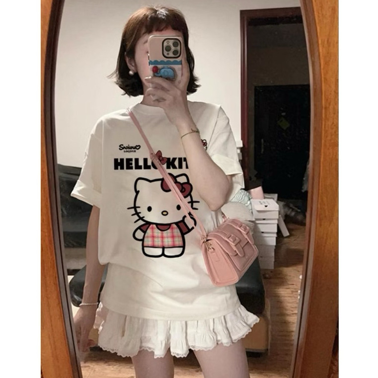 （Giao hàng 24h）Angela Áo Thun HELLO KITTY VER2 Chất Liệu Cotton 100% 2 Chiều, Cao Cấp, Co Giãn, Form Rộng Tay Lỡ
