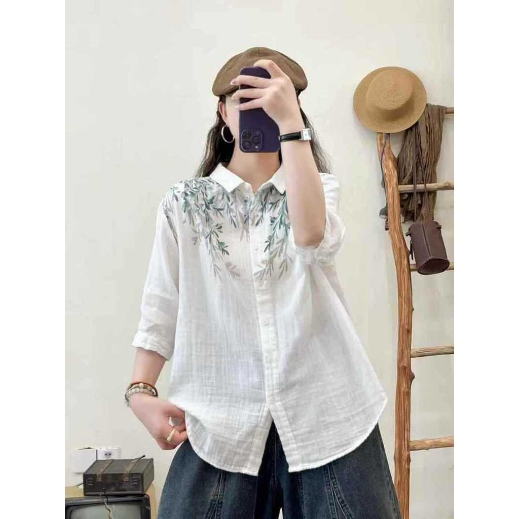 [Hàng có sẵn] Áo sơ mi nữ Cotton cao cấp dáng rộng tay ngắn in họa tiết lá tre phong cách Hàn Quốc
