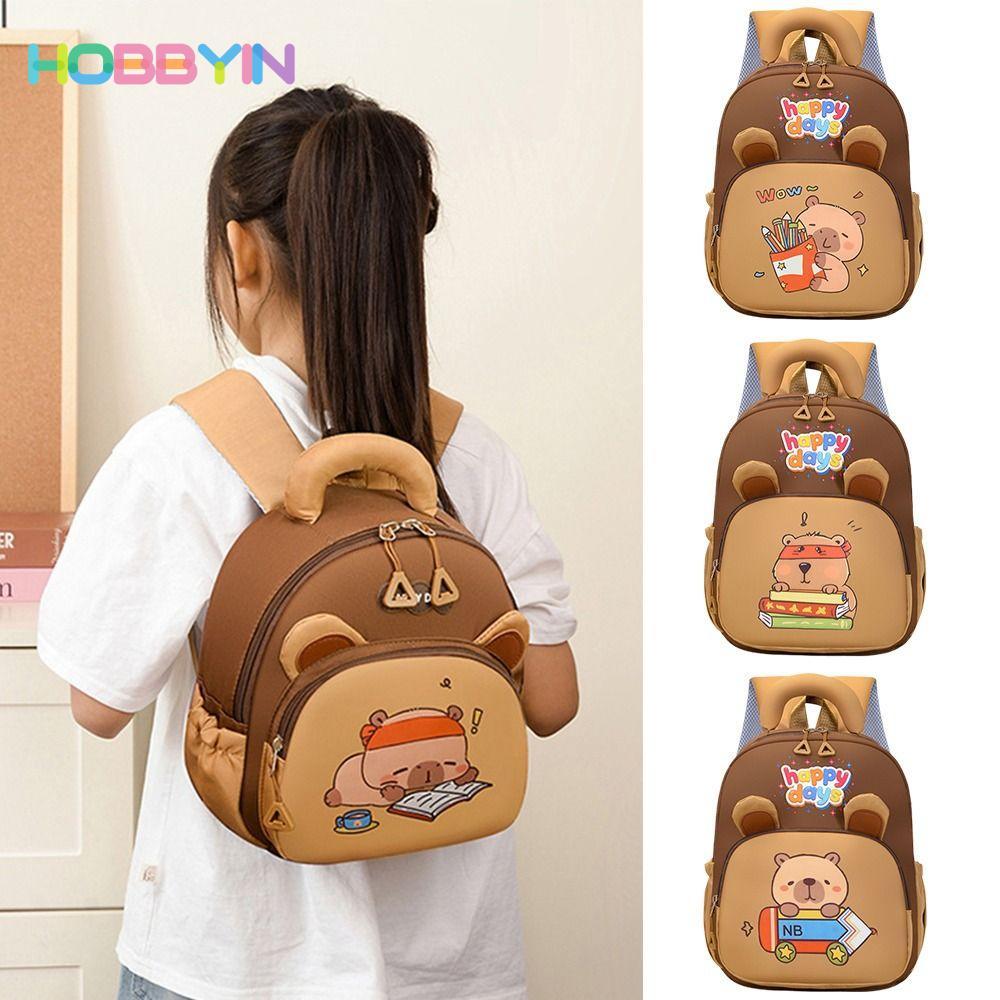 Ba lô HOBBYIN Capybara, Túi đi học Capybara Nylon dung tích lớn, Ba lô mẫu giáo nhiều túi nhẹ hoạt hình Kawaii