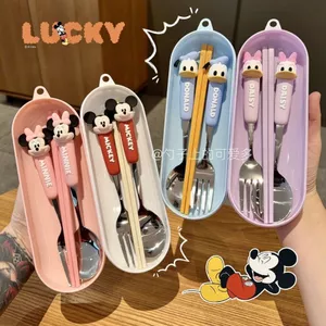 Disney Mickey Minnie Thìa Nĩa Nhôm Đũa Hoạt Hình Giá Trị Cao Học Sinh Trẻ Em Bộ Đồ Ăn Di Động