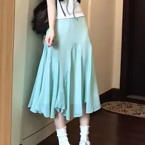 Phong cách nhẹ nhàng kiểu Pháp Váy chấm bi màu xanh lá cây bạc hà Nữ mùa hè Phong cách kỳ nghỉ eo hẹp thon gọn hơn Váy ngắn chữ a