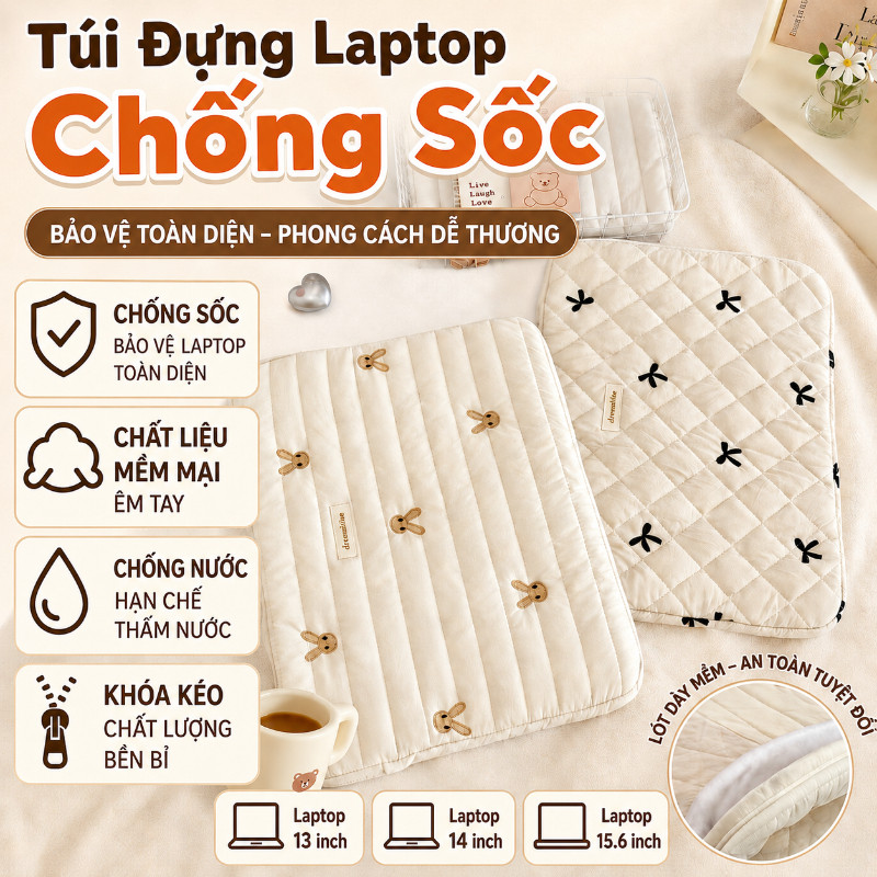 Túi Đựng Laptop Máy Tính Bảng Ipad 11/14/15.6 Inch,Lớp Lót Dày Hơn,Chống Sốc,Màu Thêu Nơ/Hình Thỏ