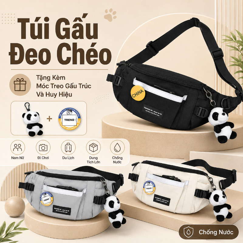 Túi Gấu Đeo Chéo,Thời Trang Nam Nữ,Dung Tích Lớn,Chống Nước,Tặng Kèm Móc Treo Gấu Trúc Và Huy Hiệu