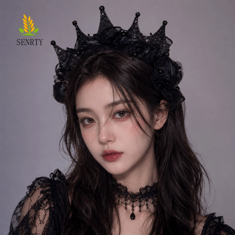 Mũ đội đầu màu đen dành cho nữ SENRTY, Vương miện ren hoa hồng màu đen thanh lịch Gothic, Phong cách đen tối thời trang DIY Thoải mái Halloween Hair Hoop Lễ kỷ niệm sinh nhật