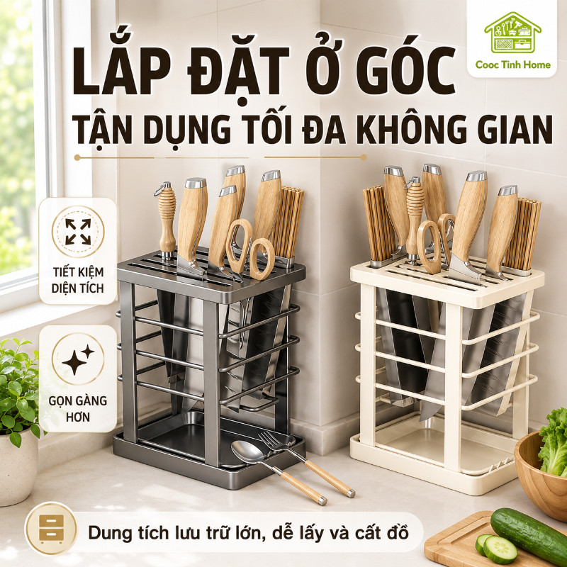 Kệ Cắm Dao Kéo Inox - Khay Hứng Nước, Thiết Kế Thoáng Khí Chống Rỉ, đa Năng Chống Nước Cho Bếp Gọn Gàng