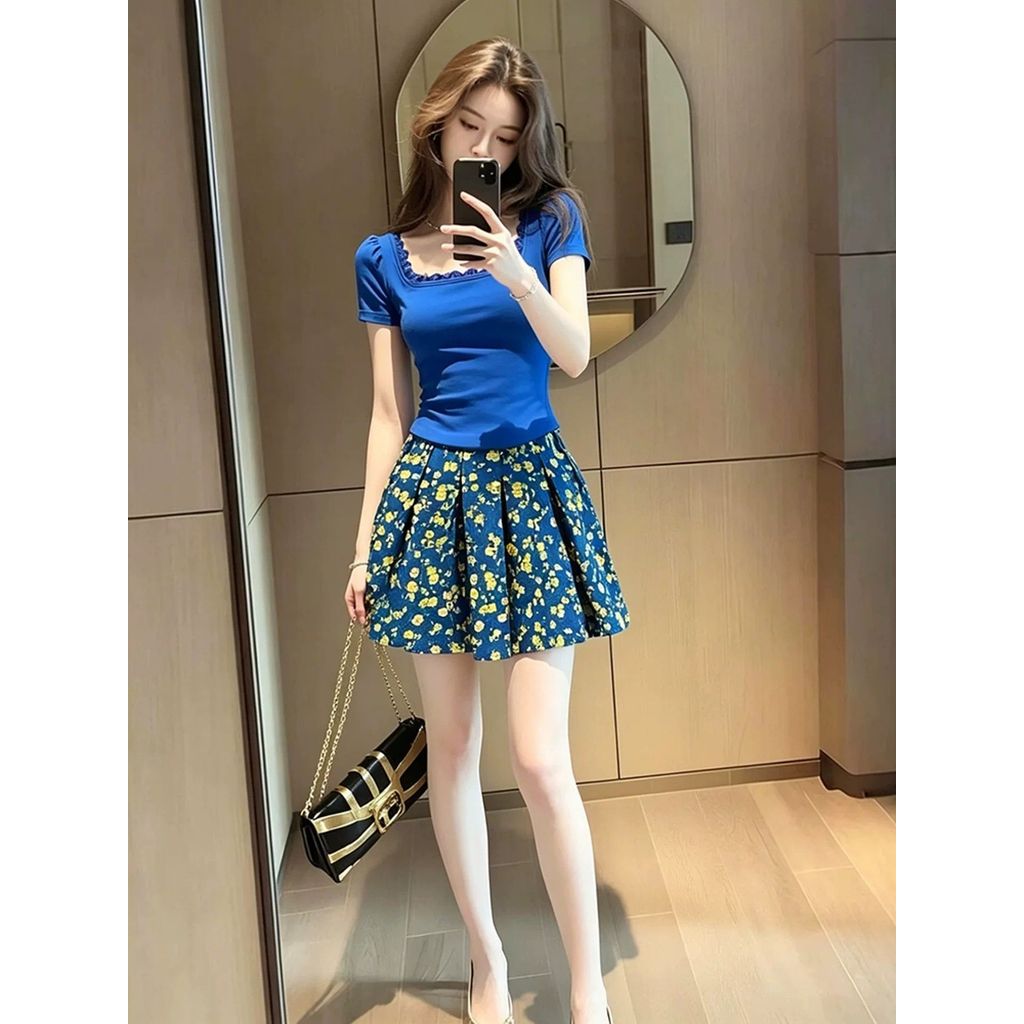 Klein Blue One Whole Set Pháp Retro Cổ Hẹp Top Nữ Cổ Vuông Áo Sơ Mi Nhỏ + Váy Hoa Phù Hợp Với Nữ