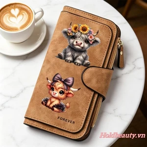 Ví đựng tiền xu bằng da PU dành cho nữ Ví đựng thẻ gấp ba lần in hình bò cao nguyên dễ thương cho cuộc sống hàng ngày