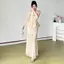 Pháp Pure Desire Gạc Khâu xuyên thấu Váy dây xếp li nữ che eo thon gọn hơn Váy dài Tính khí Giả Hai