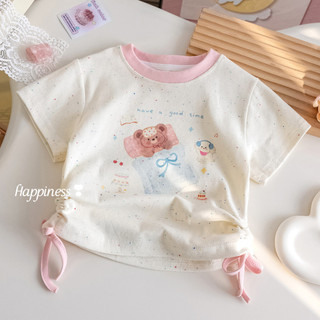 (1-8 tuổi) Áo thun họa tiết gấu bông có dây rút mùa hè Cotton thoáng khí ngắn tay cho bé