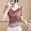 Áo lưới chấm bi cho nữ mùa hè mới hàng không đều xếp ly mỏng vừa vặn áo thun ngắn tay dành cho nữ