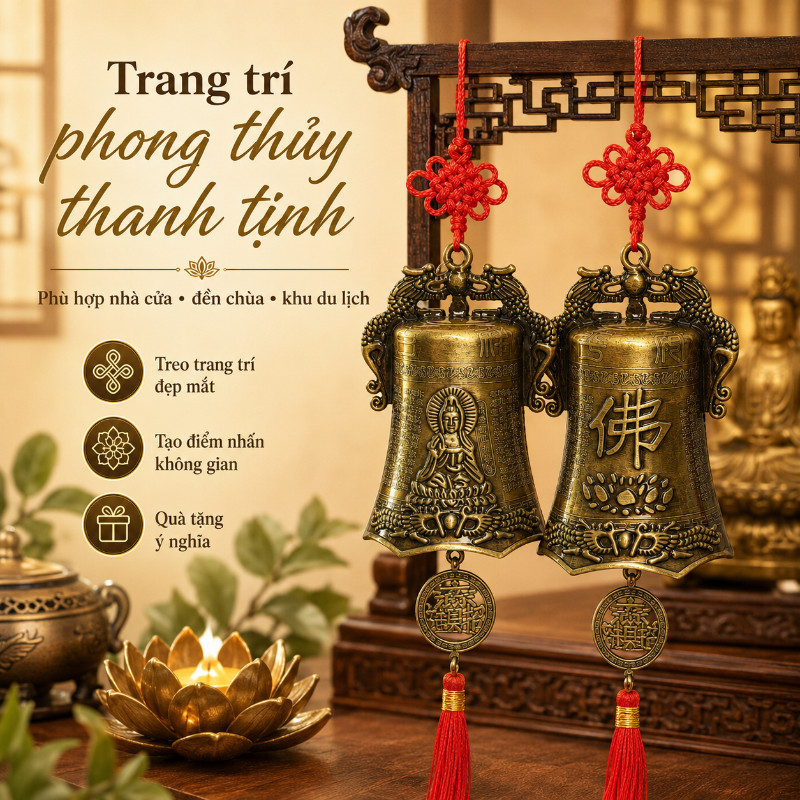 Chuông gió phong thủy bằng đồng khắc chữ Phúc tượng Quan Âm chiêu tài lộc may mắn bình an