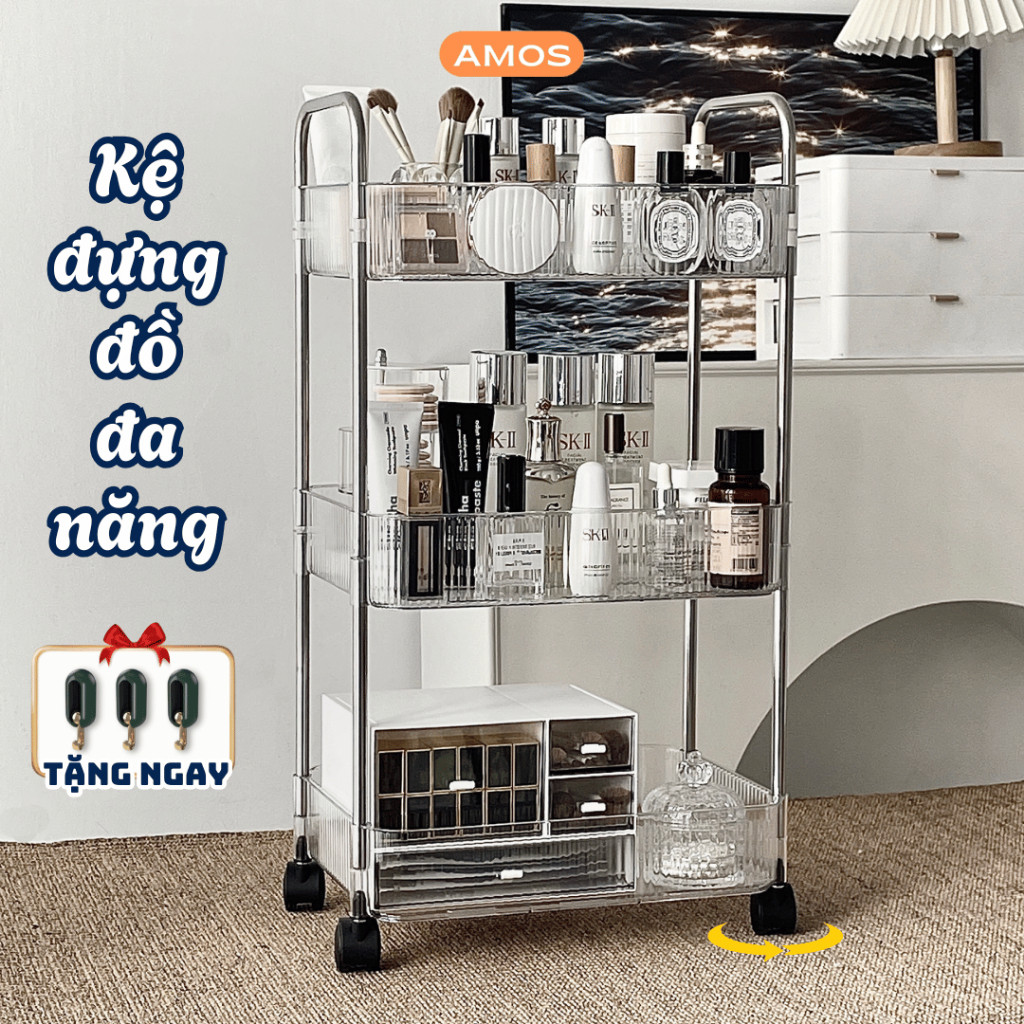 Kệ Đựng Đồ Đa Năng Trong Suốt MORI Có Bánh Xe Xoay 360 Độ, Kệ Để Mỹ Phẩm, Đồ Bếp, Xe Đẩy Spa 2 3 4 tầng Cao Cấp