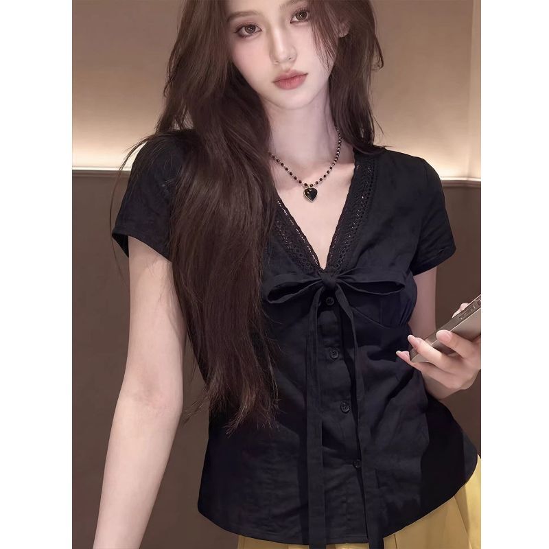 [Giảm giá 50%] Áo sơ mi nơ ngắn tay cổ chữ V dành cho nữ mùa hè dáng rộng hẹp hơn trông cao cấp