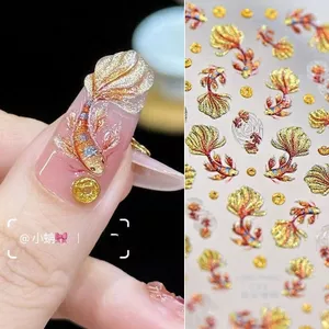 Koi Mới Phong Cách Trung Hoa Dán Móng Tay May Mắn Liên Kết Cá Nhảy Cổng Rồng Mạ Vàng Giảm Ba Chiều Dán Móng Tay Trang Trí
