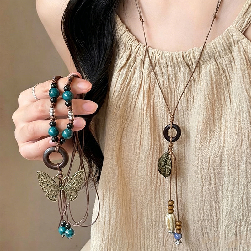 Vòng cổ dài lá bướm Bohemian, Dây có thể điều chỉnh với hạt ngọc lam & gỗ, Trang sức phong cách dân tộc cổ điển dành cho nữ
