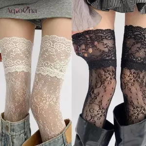 AqToCna Nữ Gợi Cảm Ren Hoa Fishnet Stoings Trang Phục JK Gothic Đùi Cao Sos Lưới Nylon Thoáng Khí Trên Đầu Gối Stoings AqToCna