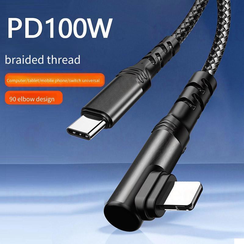 90° Cáp dữ liệu sạc thiết kế khuỷu tay hình chữ L 100W 6A Cáp dệt sạc siêu nhanh Type C sang Type C / Sạc IOS / Cáp dữ liệu trò chơi
