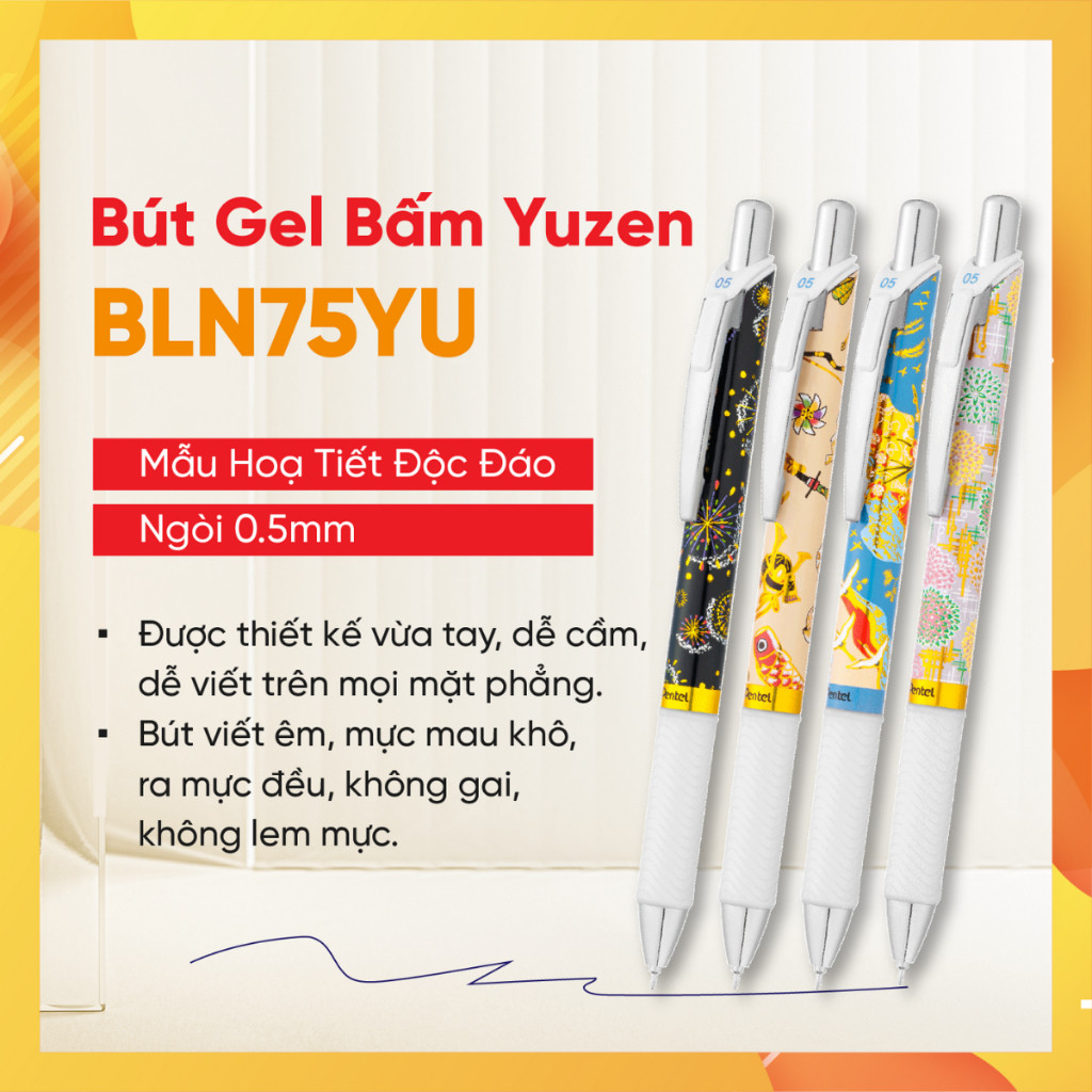 Bút gel Pentel Energel Yuzen 0.5mm bút viết cao cấp dành cho học sinh thiết kế hoa văn Nhật tinh tế