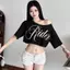 Hợp Thời Trang In Off-Waist Short Top xiên Vai Độc Đáo May Không Đều Viền Nhóm Cô Gái Khiêu Vũ Hàng Ngày Áo Thun Phù Hợp