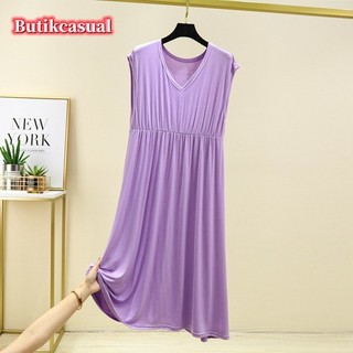 Váy cotton modal mùa hè 2023 không tay cổ chữ V, xếp ly dáng rộng dài vừa phải, trơn, phong cách nữ thường ngày
