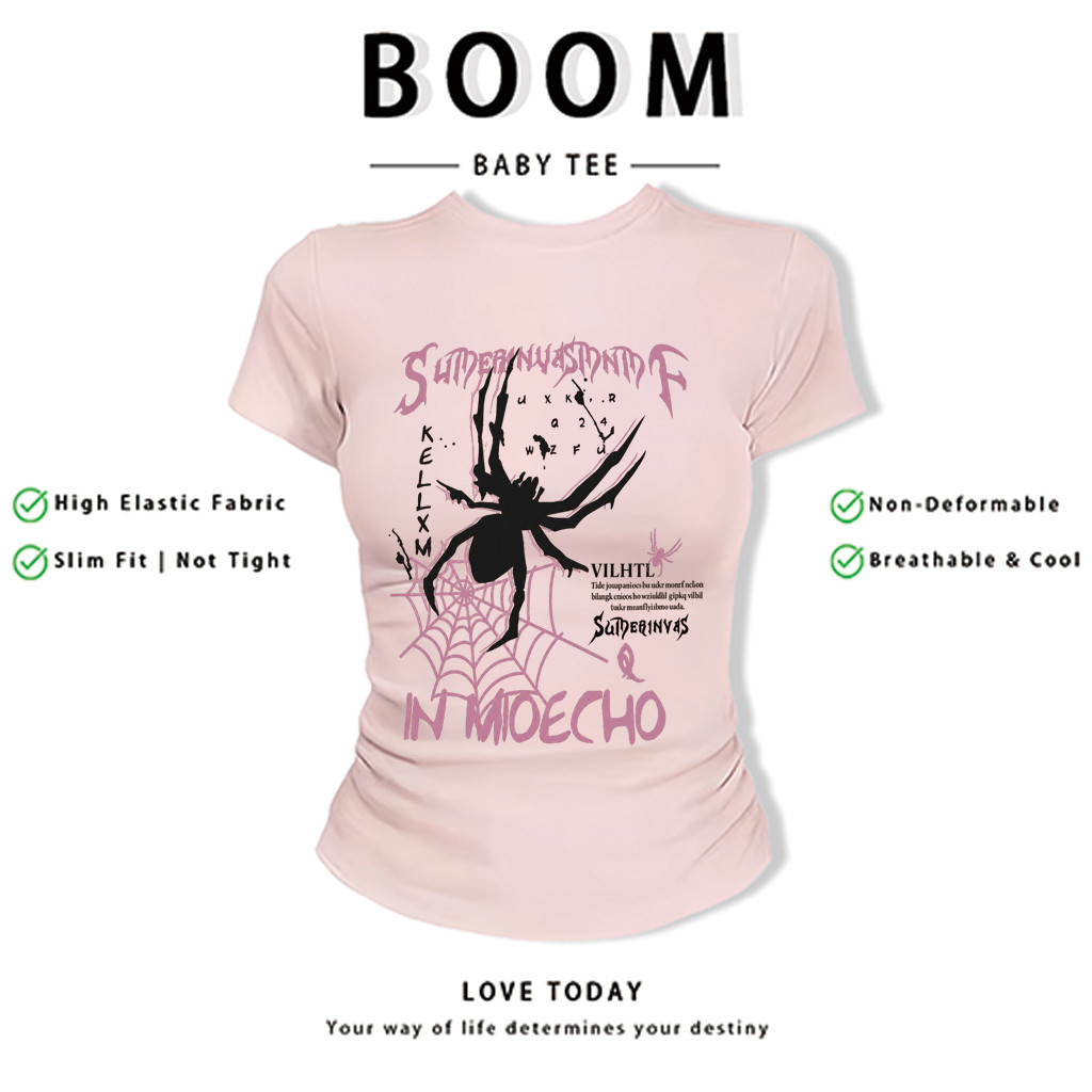 BOOM Áo Baby Tee Nữ Cotton Ôm Body-Áo Thun Ngắn Tay Y2K In Hình PhongCách Mùa Hè, Cổ Tròn Hàng Đầucách hàn quốc phongX27