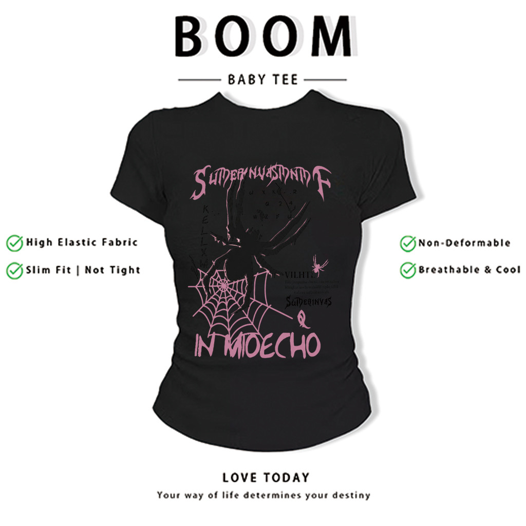 BOOM Áo Baby Tee Nữ Cotton Ôm Body-Áo Thun Ngắn Tay Y2K In Hình PhongCách Mùa Hè, Cổ Tròn Hàng Đầucách hàn quốc phongX27