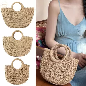 Túi cói AWNGD đi biển dệt tay rỗng, boho lớn tote, kiểu nửa mặt trăng thời trang nữ