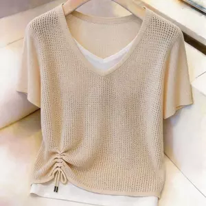 Lyocell Tencel Giả Hai Mảnh Dệt Kim Mỏng Tay Ngắn Mùa Hè Rời Dây Rút Thiết Kế Xếp Ly Top Áo Sơ Mi Nhỏ Nữ Thân Thiện Với Da Thoáng Khí